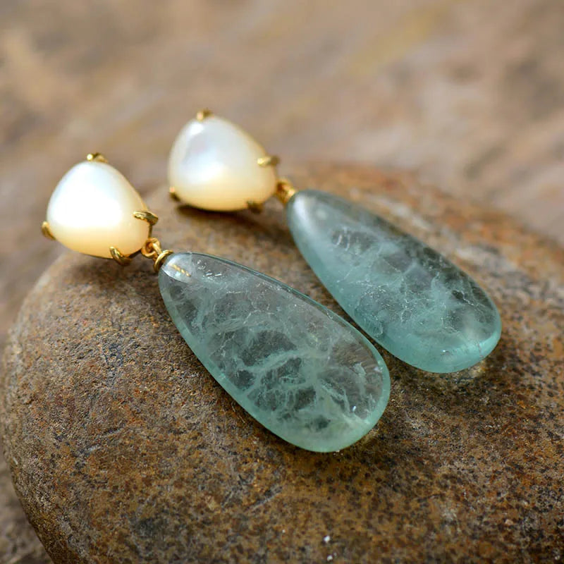 Green Fluorite Shell Stud Earrings