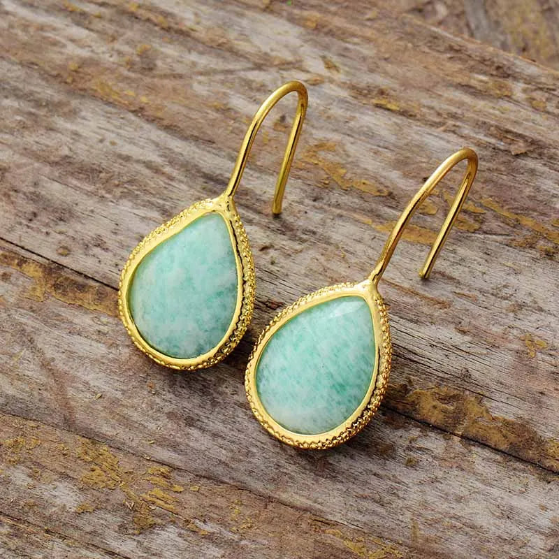 Amazonite Teardrop Gold Earrings