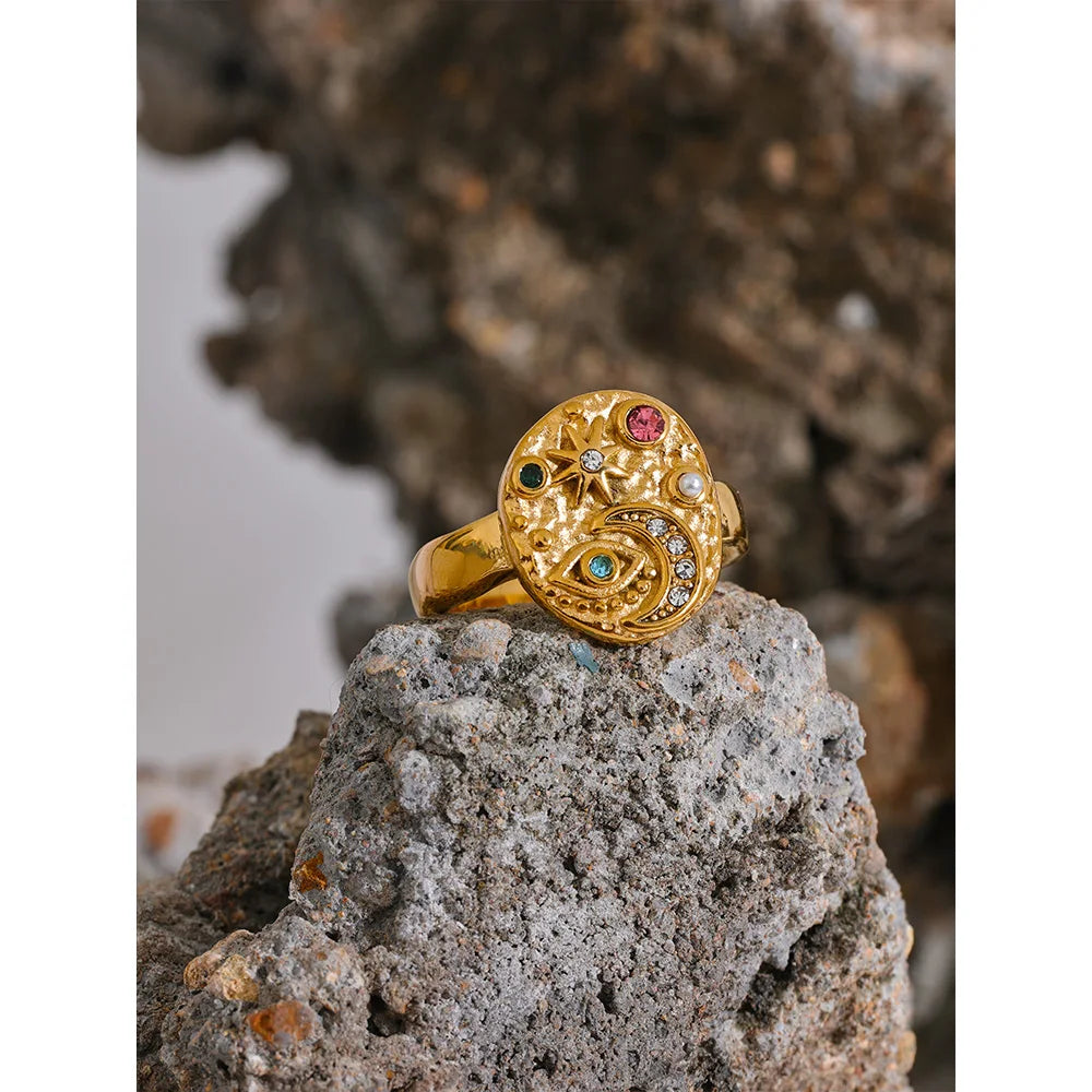 Crinkly Harmony Moon & Star Ring