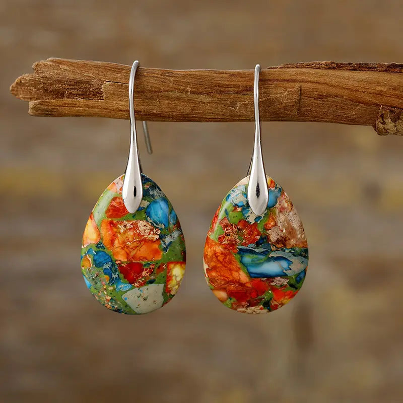 Grounded Jasper Waterdrop Earrings - Silver