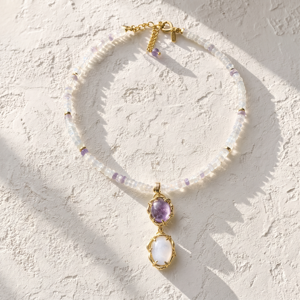 New Beginnings Moonstone Amethyst Necklace - Flat-lay