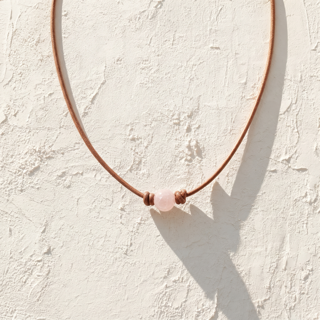 Loving Rose Quartz Leather Choker - Flat-lay