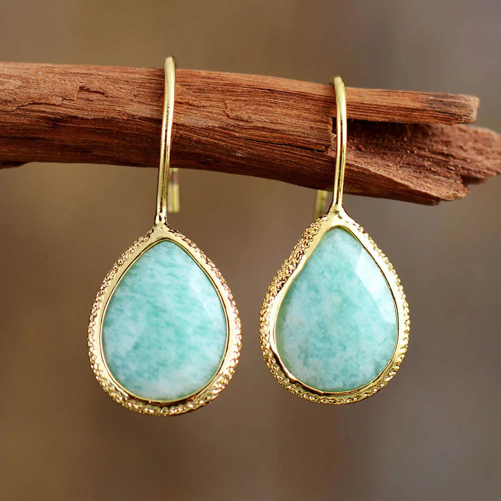 Amazonite Teardrop Gold Earrings