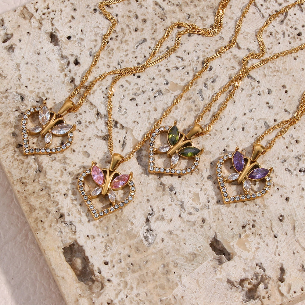 Butterfly Heart Studded Necklace