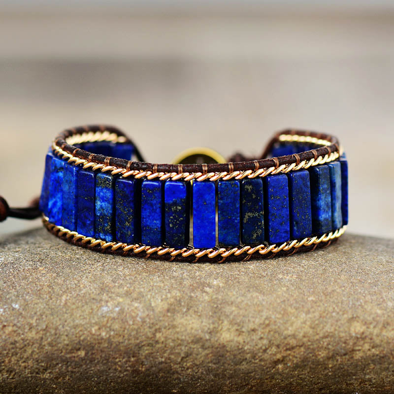 Lapis Lazuli Gold Leather Bangle