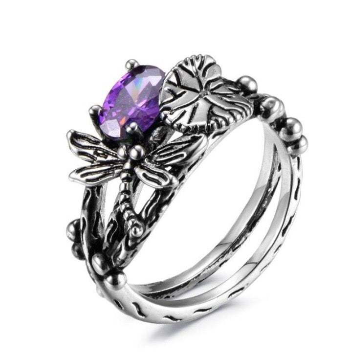 Handmade Lotus Gem Dragonfly Ring