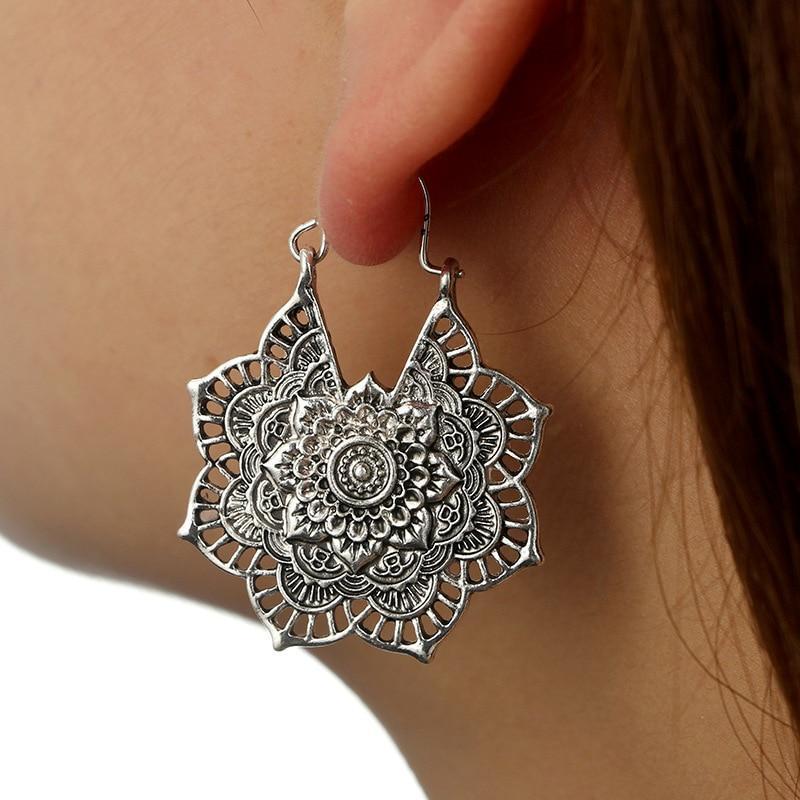 Boho Mandala Hoop Earrings Boho Peak Silver Mandala