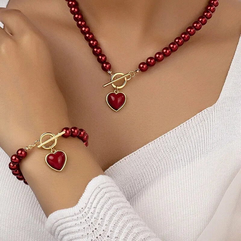 Beaded Heart Pendant & Bracelet Set