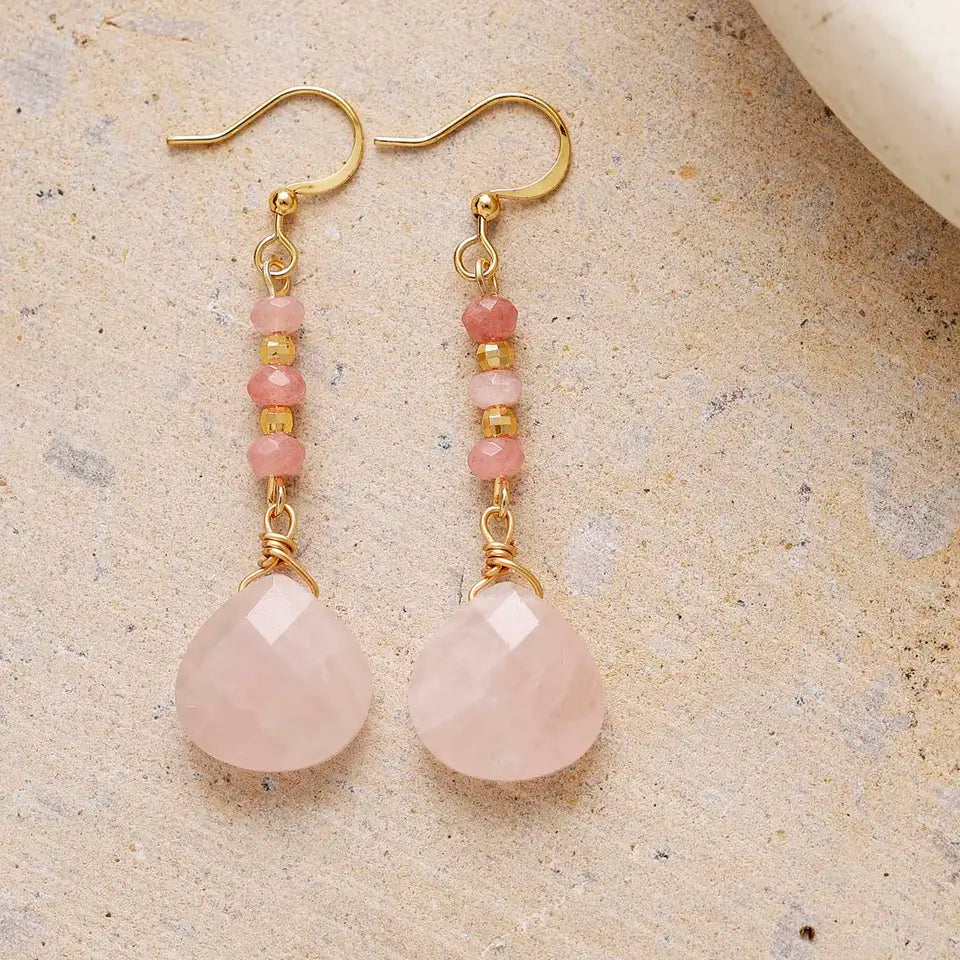 Free Spirit Wire-Wrapped Teardrop Earrings - Rose Quartz