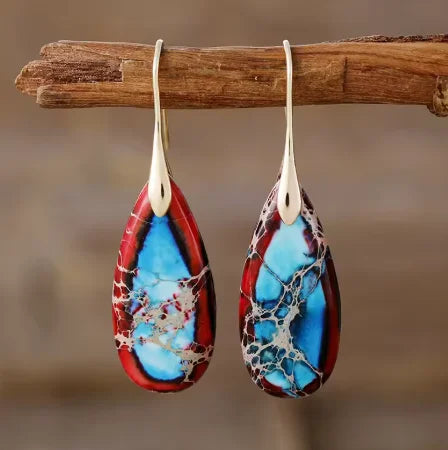 Grounded Jasper Waterdrop Earrings - Red Gold