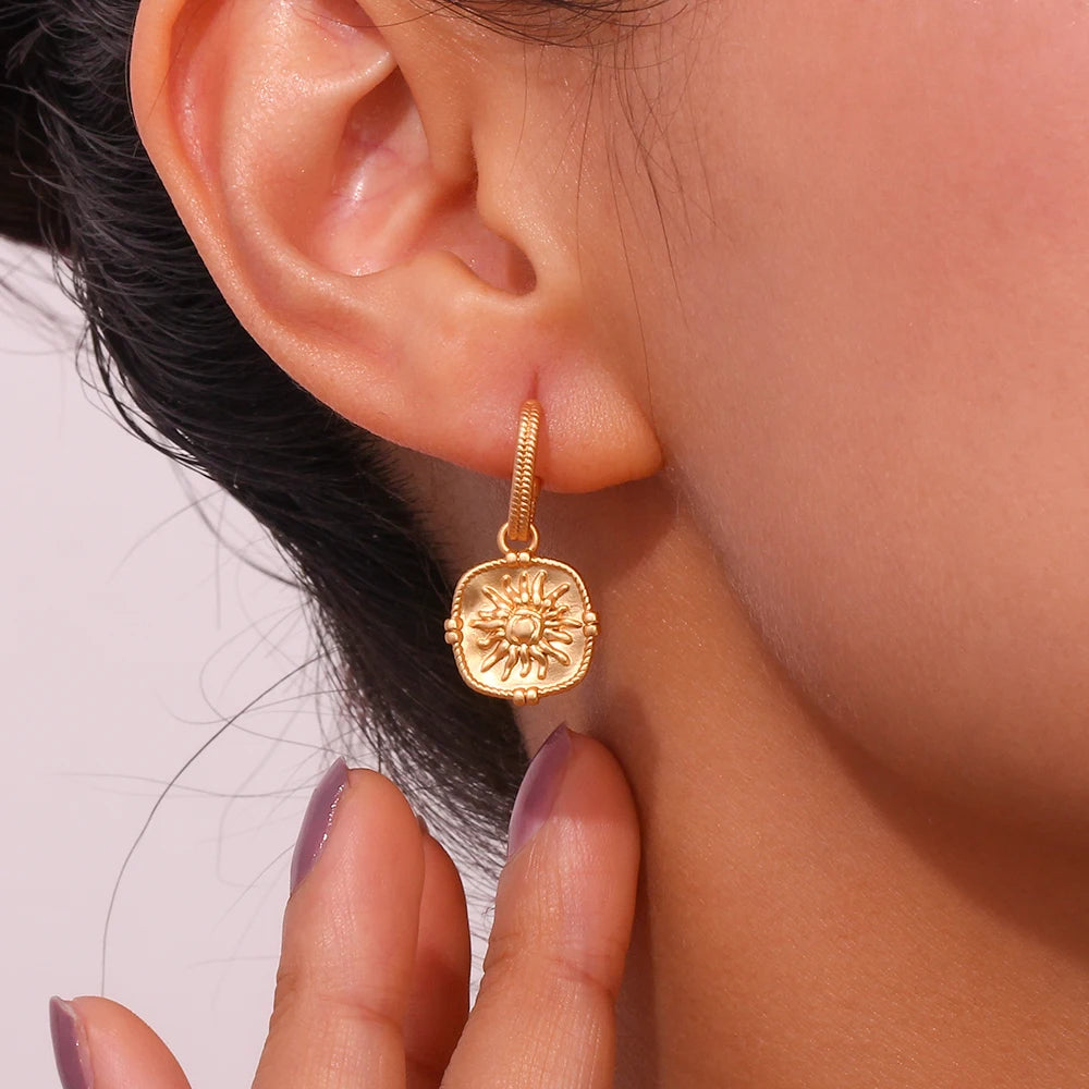 Vintage Sunflower Square Drop Earrings
