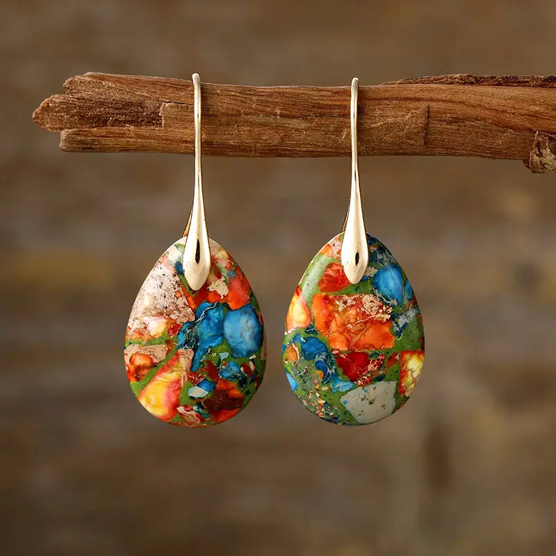 Grounded Jasper Waterdrop Earrings - Gold
