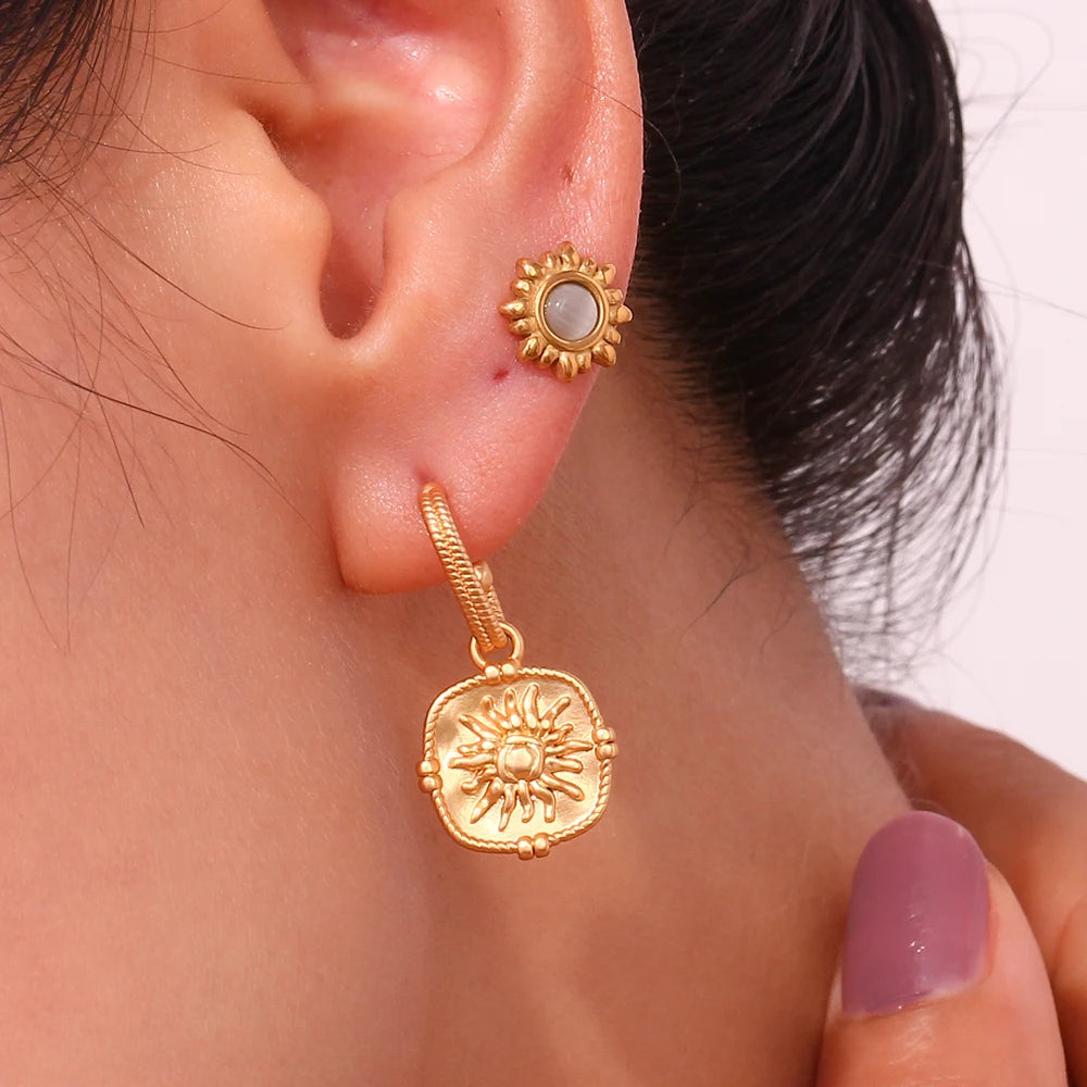 Vintage Sunflower Square Drop Earrings
