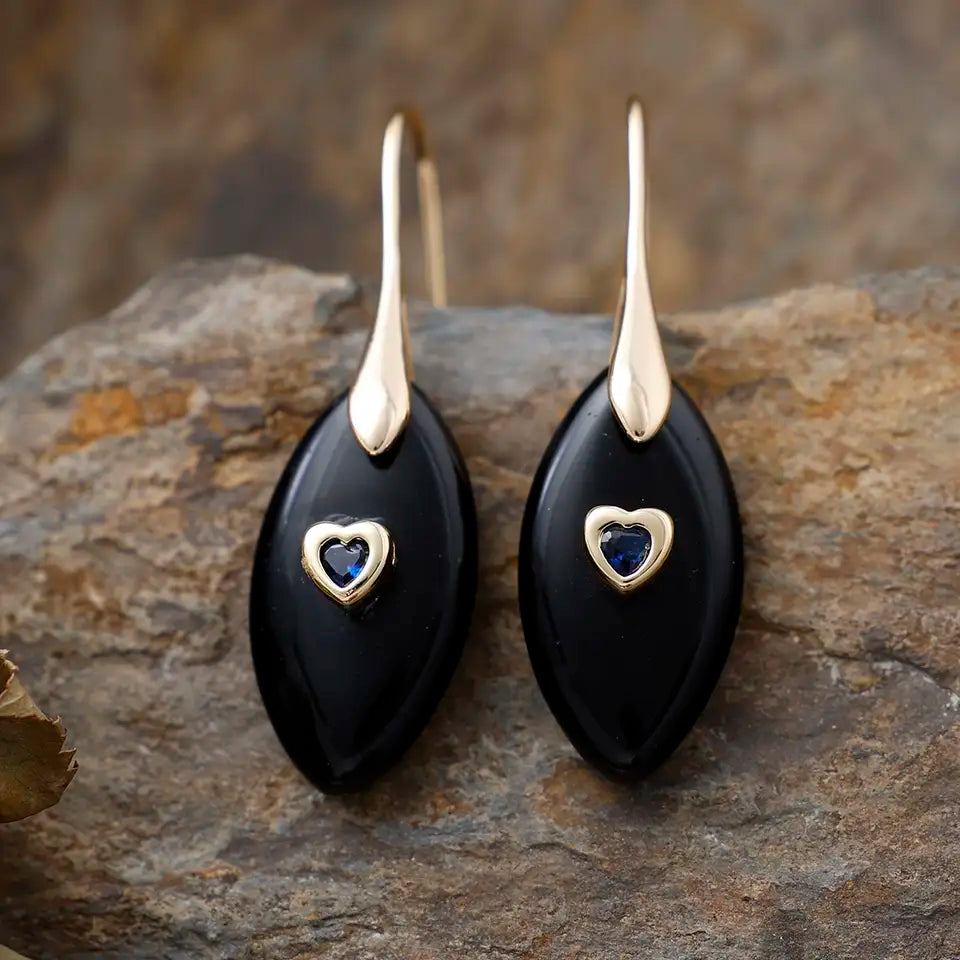 Wild Heart Rose Quartz Drop Earrings - Black Onyx