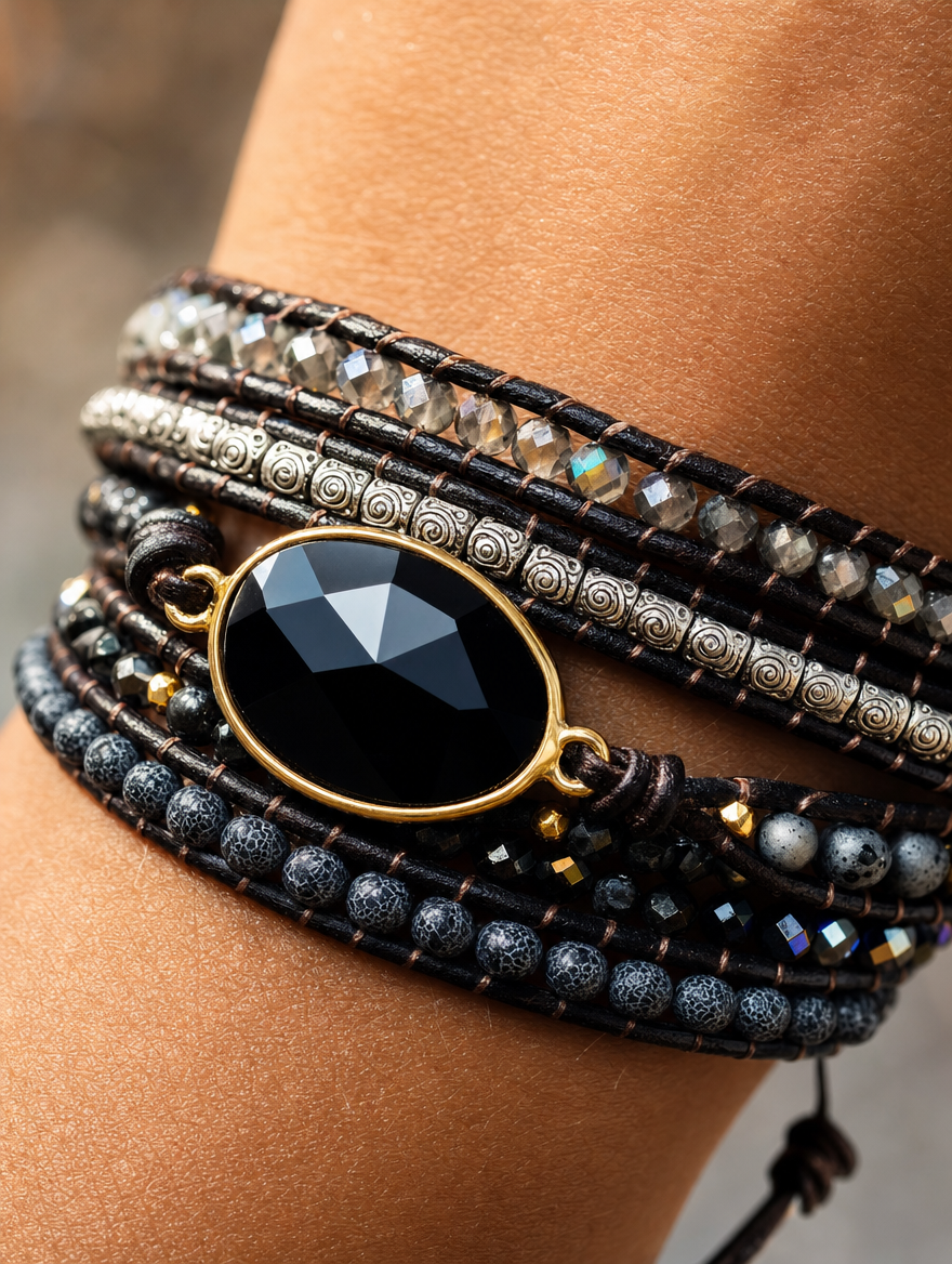 Grounded Onyx Wrap Bracelet - Close-up