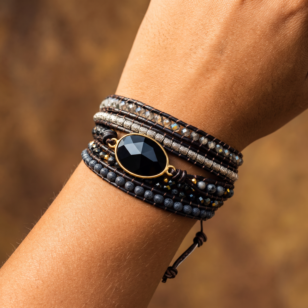 Grounded Onyx Wrap Bracelet - Close-up