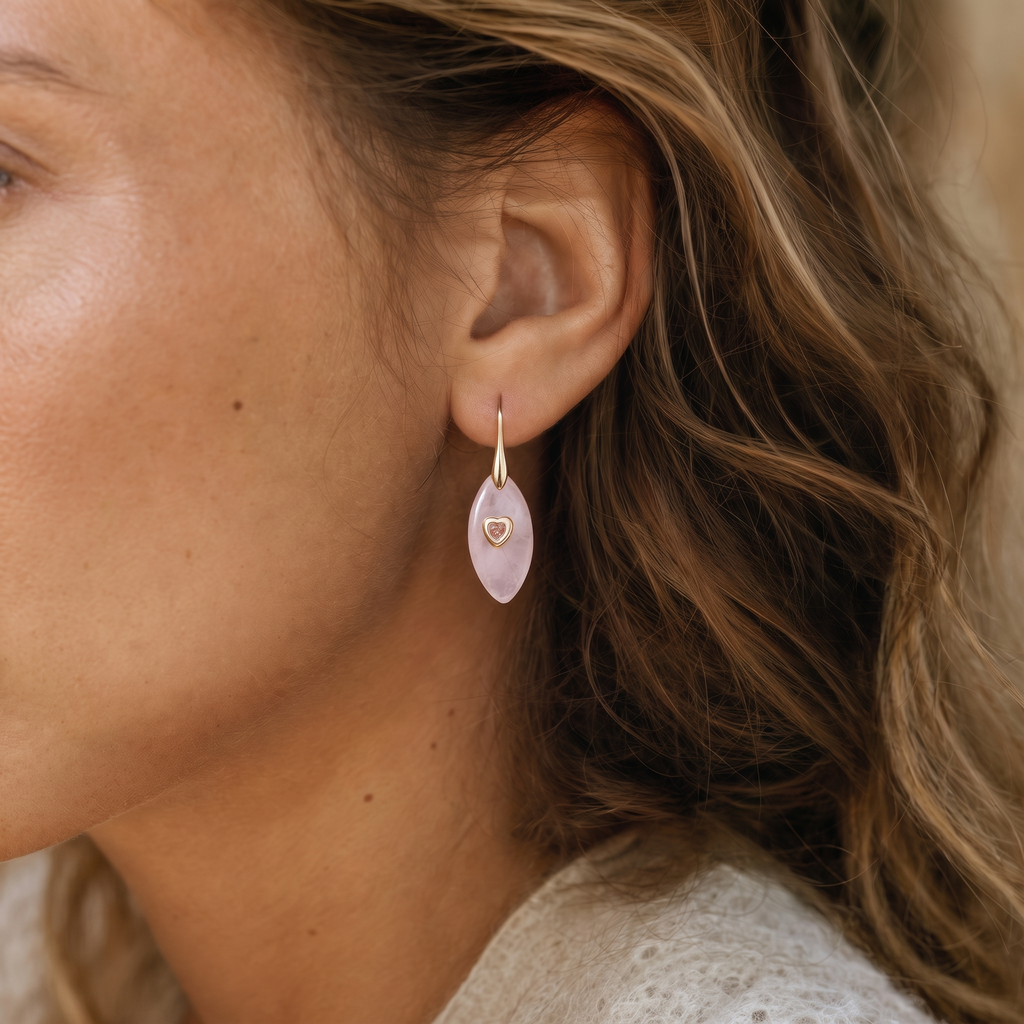 Wild Heart Rose Quartz Drop Earrings - Close-up