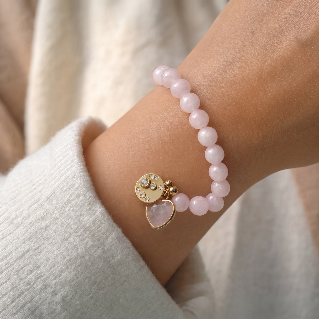 Loving Heart Rose Quartz Stretch Bracelet - Close-up