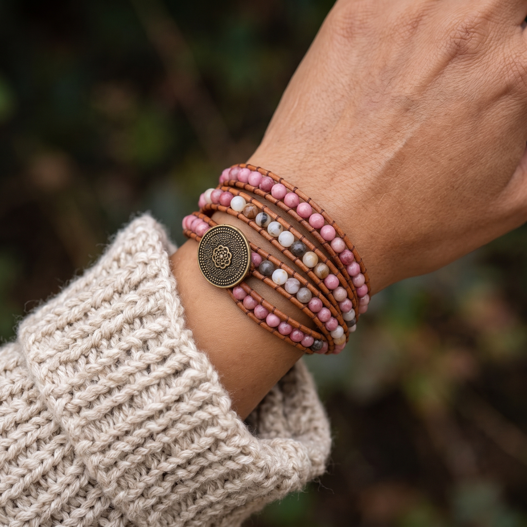 Grounded Rhodonite Jasper Wrap Cuff - Close-up