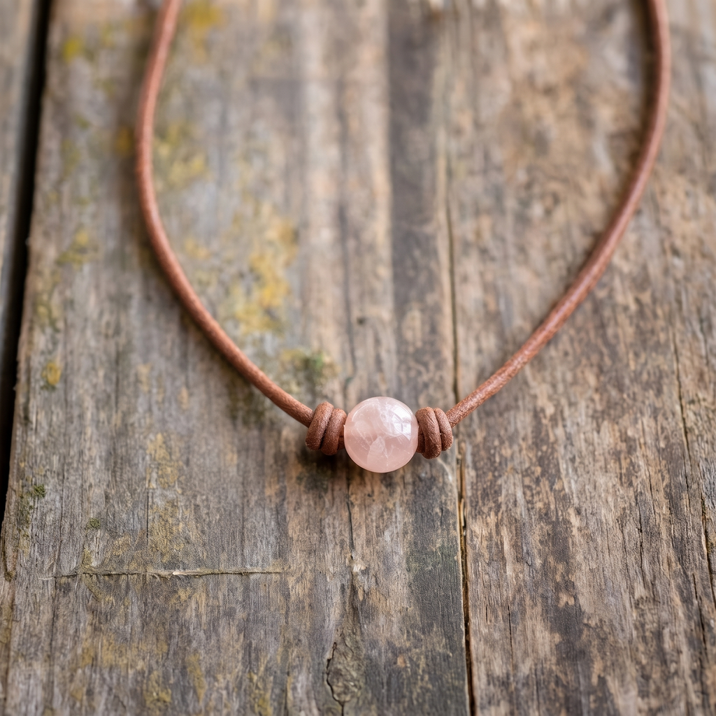 Loving Rose Quartz Leather Choker - Close-up