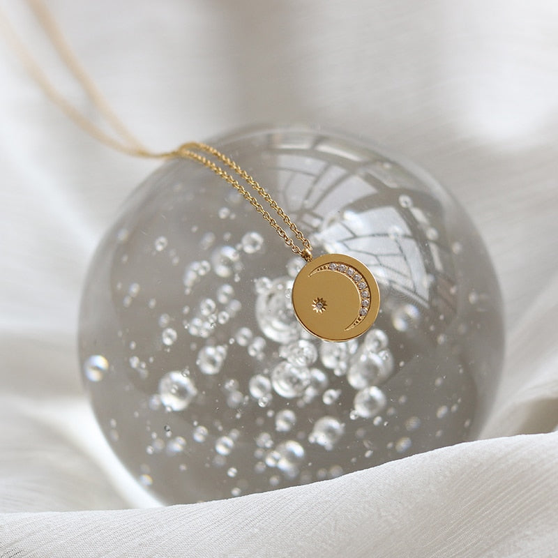 Round Moon Star Engraved Necklace