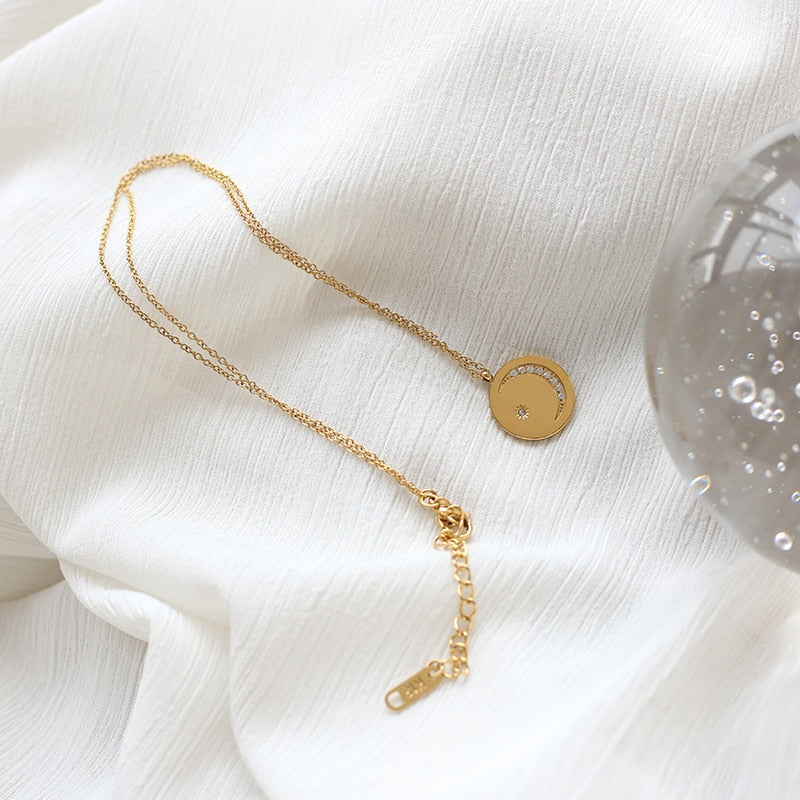 Round Moon Star Engraved Necklace