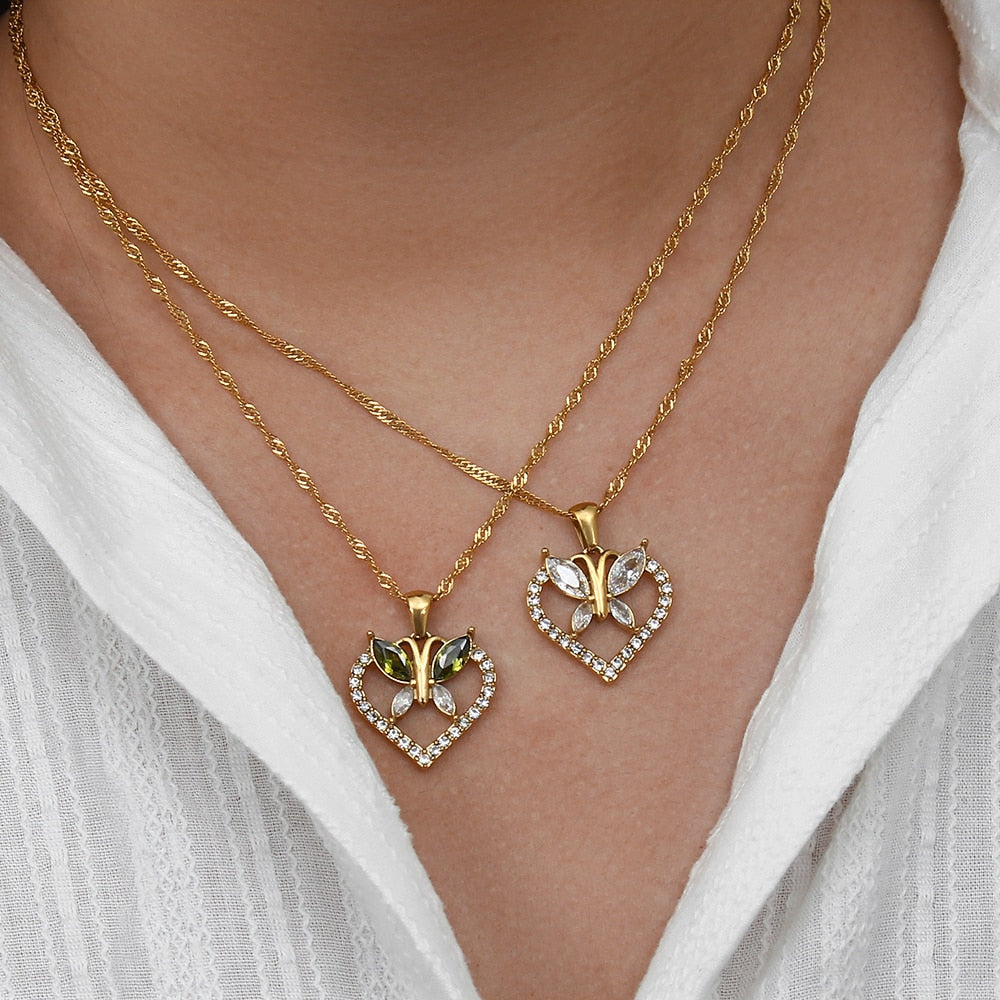 Butterfly Heart Zirconia Studded Necklace