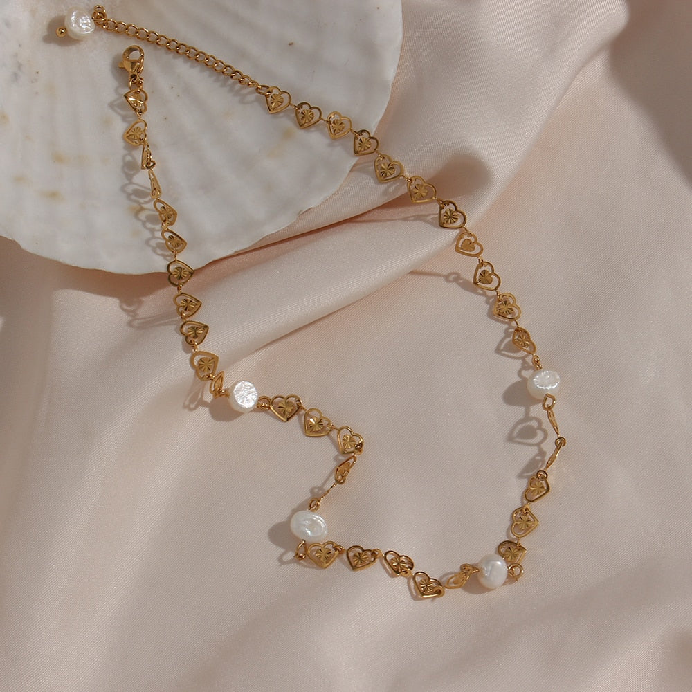 Heart String Pearl Chain Necklace