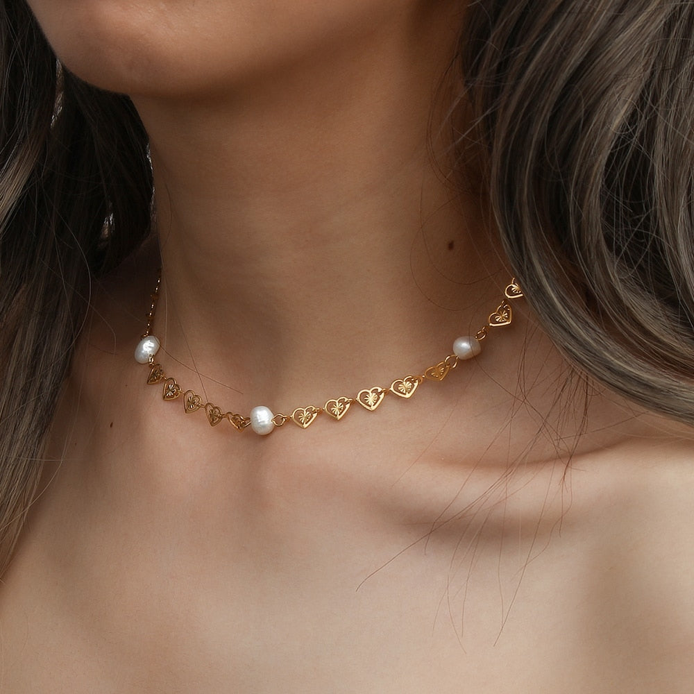 Heart String Pearl Chain Necklace