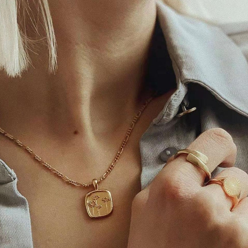 Flower Embossed Charm Necklace