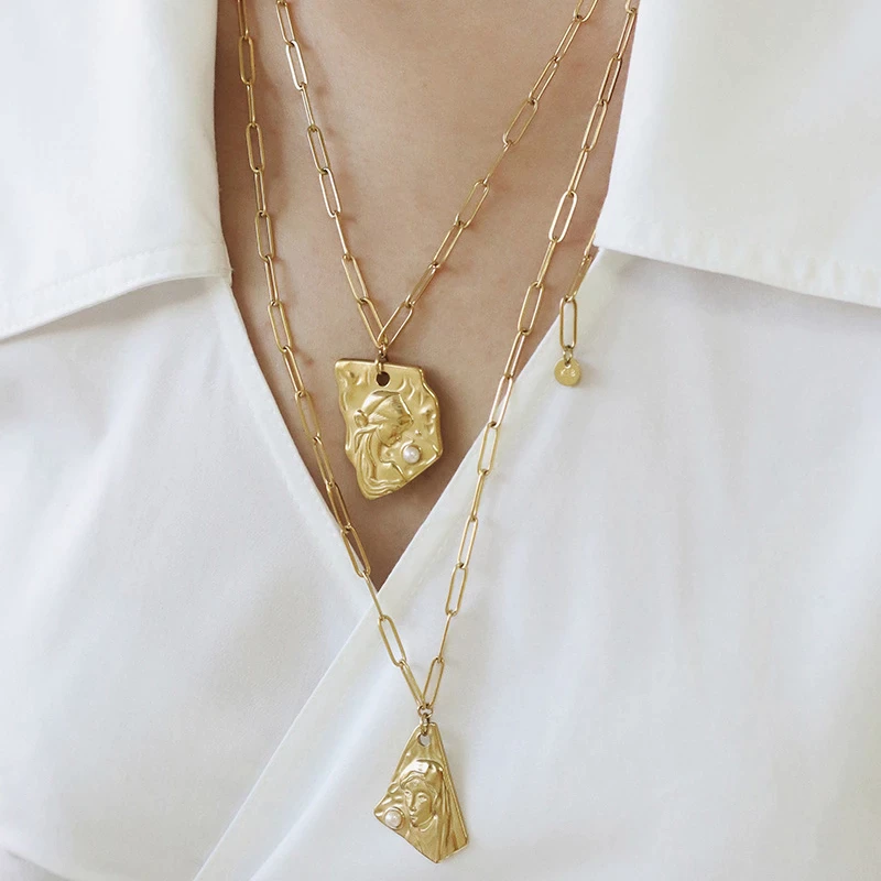 Asymmetrical Pendant Gold Embossed Necklace