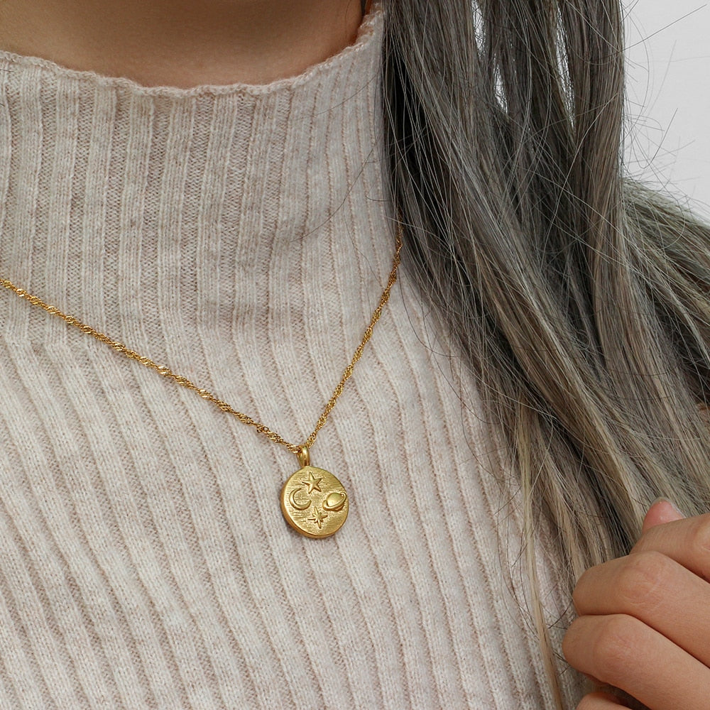 Moon Stars Studded Gold Necklace