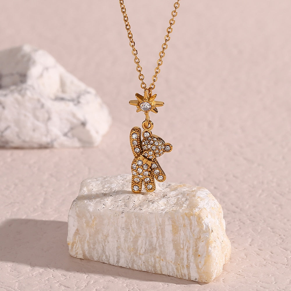 Studded Bear Star Gold Necklace