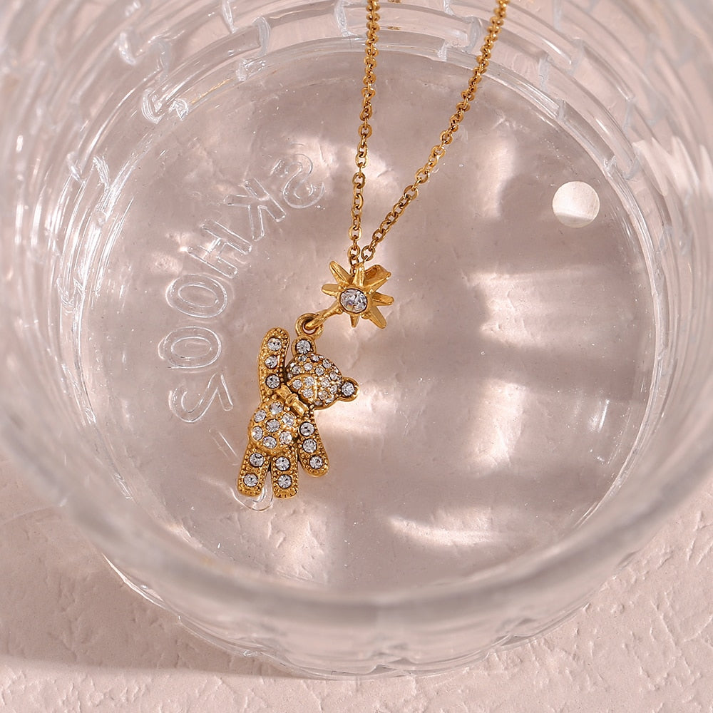 Studded Bear Star Gold Necklace