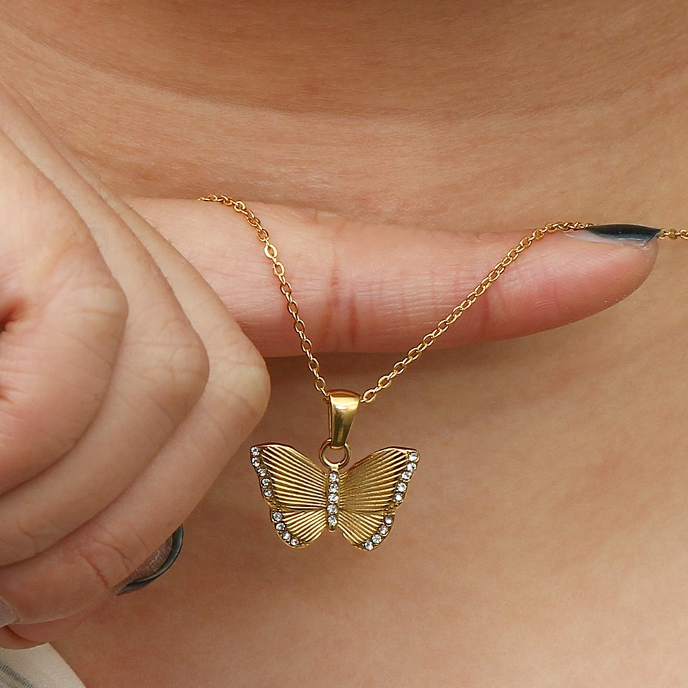 Studded Intricate Butterfly Charm Necklace