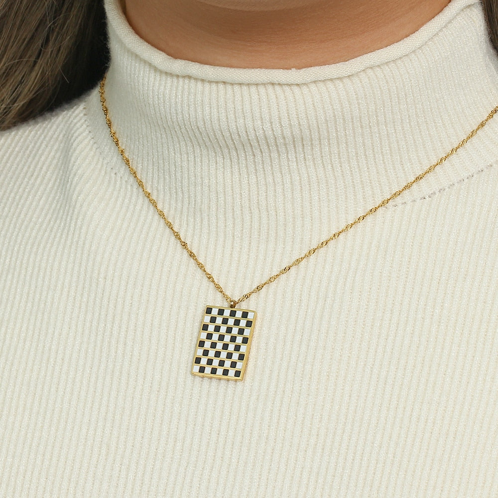 Bold Checkers Rectangle Pendant Necklace