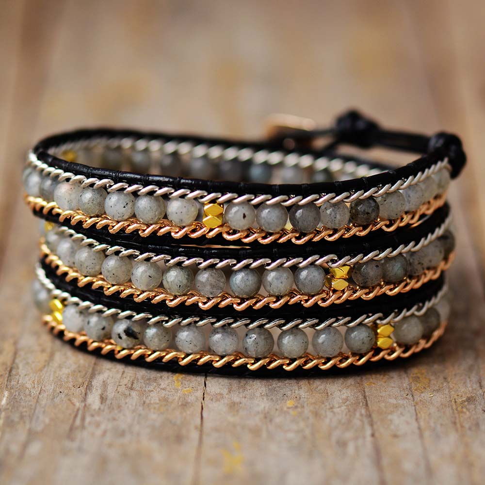 Layered Chain Leather Opal Bracelet