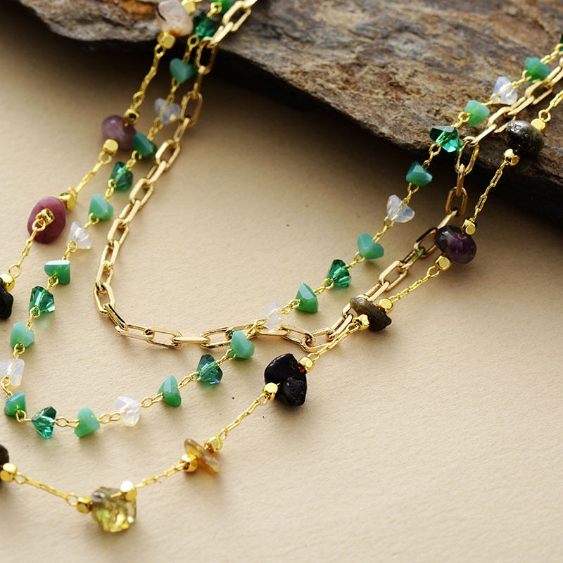 Natural Tourmaline & Green Adventurine Gold Chain Multi-Layer Necklace