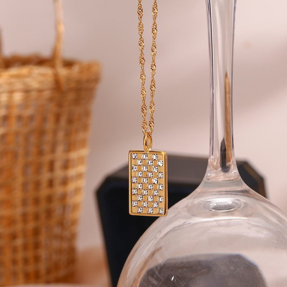 Rhinestone Checker Style Necklace