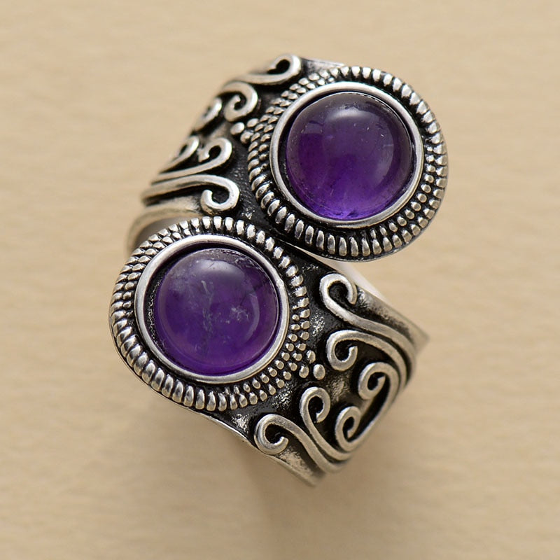 Natural Amethyst Silver Plated Antique Ring