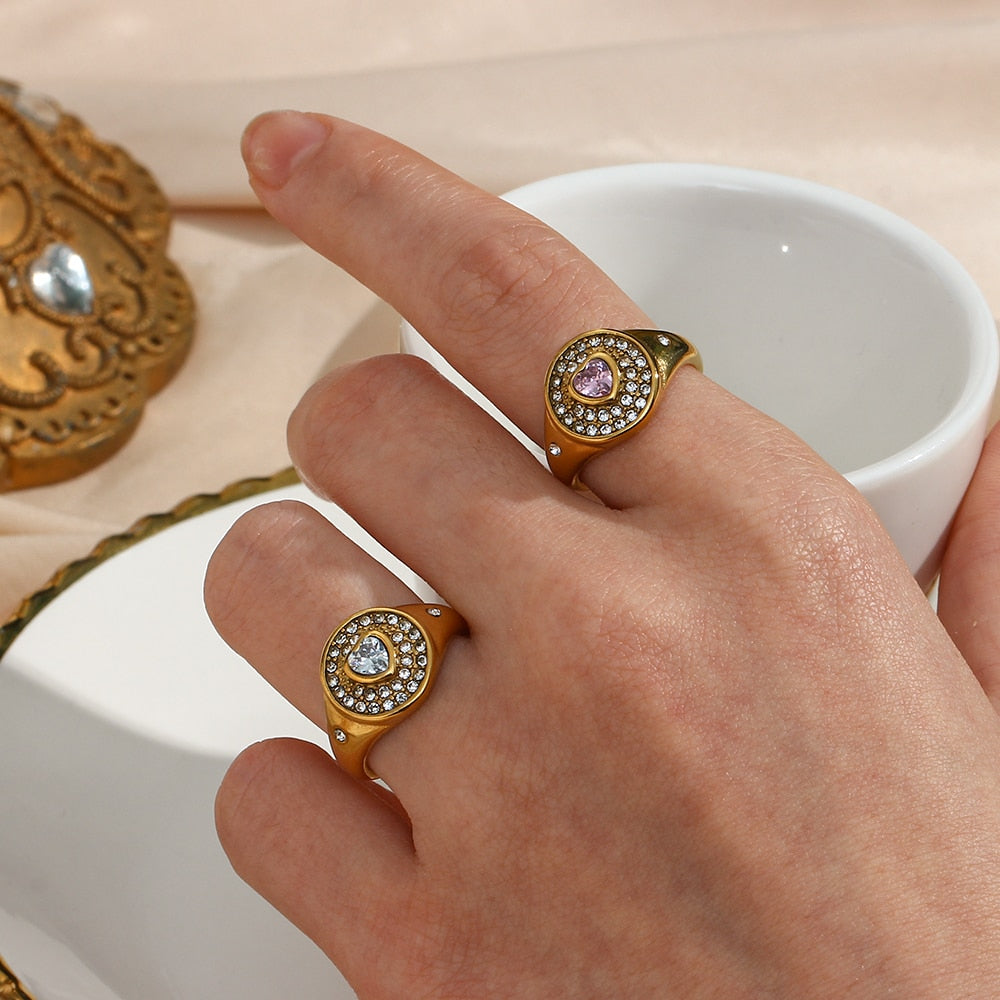 Glittering Heart Studded Dome Ring