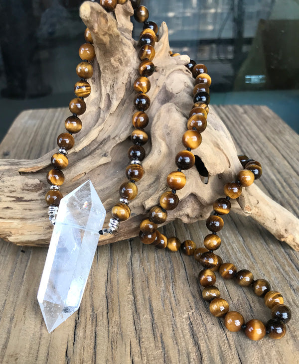 108 Natural Tiger Eye Clear Quartz Wandpoint Beaded Necklace