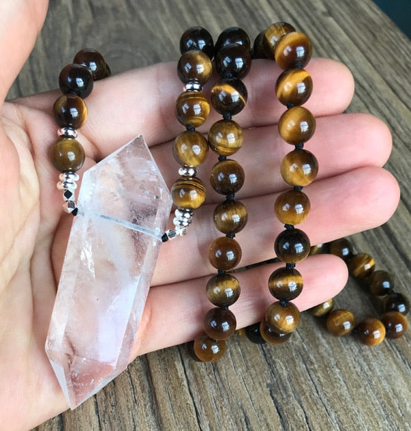 108 Natural Tiger Eye Clear Quartz Wandpoint Beaded Necklace