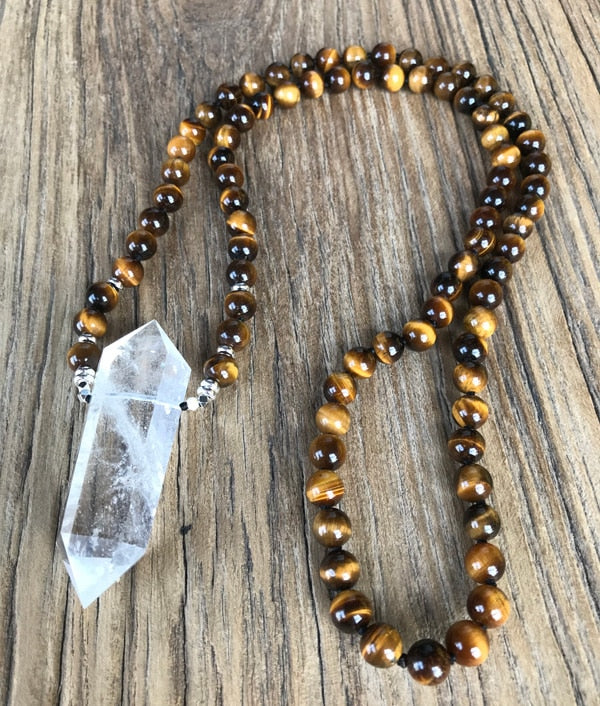 108 Natural Tiger Eye Clear Quartz Wandpoint Beaded Necklace